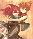  bad_id bad_pixiv_id bare_shoulders black_legwear bow china_dress chinese_clothes closed_eyes dress hair_bobbles hair_ornament highres hug long_hair mameguri multiple_girls orange_hair pleated_skirt red_hair skindentation skirt smile thighhighs umineko_no_naku_koro_ni ushiromiya_ange ushiromiya_eva zettai_ryouiki 