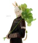  2011 animal_ears braid bunny_ears clover grey_hair hair_ornament long_hair long_sleeves male_focus new_year original oversized_object ponytail ririnra solo white_hair 