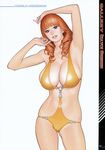  action_pizazz armpits arms_up artbook artist_name blue_eyes breasts cowboy_shot drill_hair highres izayoi_seishin large_breasts lips long_hair looking_at_viewer mature orange_hair page_number parted_lips simple_background solo swimsuit white_background yellow_swimsuit 