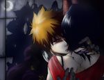  1boy 1girl back black_hair bleach broken_glass crescent_moon fangs glass jewelry kuchiki_rukia kurosaki_ichigo licking moon necklace night night_sky orange_hair red_eyes ring short_hair sky tongue vampire window 