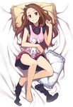  bad_id bad_pixiv_id bare_legs barefoot bed brown_hair bunny dress feet frilled_pillow frills idolmaster idolmaster_(classic) idolmaster_2 long_hair lying minase_iori on_back pillow red_eyes smile sock_dangle socks socks_removed solo stuffed_animal stuffed_bunny stuffed_toy yuuhi_(ages) 
