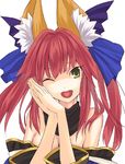  ;d animal_ears bad_id bad_pixiv_id detached_sleeves fate/extra fate_(series) fox_ears green_eyes hair_ribbon heart heart_in_mouth one_eye_closed open_mouth pink_hair ribbon smile sodeya_itsuki solo tamamo_(fate)_(all) tamamo_no_mae_(fate) twintails 