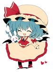  :d ^_^ ascot bad_id bad_pixiv_id bat_wings black_legwear blue_hair bow bunny chibi closed_eyes dress fang haru_(kyou) hat heart open_mouth pantyhose remilia_scarlet simple_background smile solo stuffed_animal stuffed_bunny stuffed_toy touhou white_background wings 