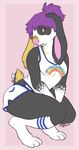  female guggles hair lagomorph lapine lesbian lilo mammal purple_hair rabbit shirt shorts sitting socks solo stated_homosexuality t-shirt 