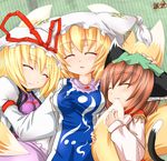  animal_ears biting blonde_hair breast_grab breasts brown_hair cat_ears cat_tail chen closed_eyes earrings grabbing hat jewelry kazami_karasu medium_breasts multiple_girls short_hair sleeping tabard tail tail_biting touhou when_you_see_it yakumo_ran yakumo_yukari 