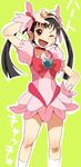  :d bakemonogatari bandages black_hair bow brooch brown_eyes choker cosplay cure_blossom cure_blossom_(cosplay) dress earrings fang hachikuji_mayoi hairband hand_on_hip happy heartcatch_precure! jewelry long_hair magical_girl monogatari_(series) one_eye_closed open_mouth pink_bow pink_choker precure ribbon simple_background smile solo twintails u-ka_(pixiv5407) v wrist_cuffs 
