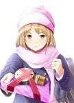  bad_id bad_pixiv_id bag bomb brown_eyes brown_hair clock coat dynamite frown gift hat holding holding_gift long_hair original pink_scarf ribbon scarf simple_background solo time_bomb tsundere valentine yoropa 