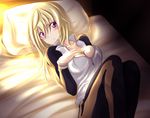  bed blonde_hair blush breasts charlotte_dunois female indoors infinite_stratos long_hair lying pillow purple_eyes solo 