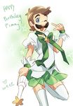  ;d blue_eyes bright_pupils brown_hair cosplay crossdressing curly_hair english fabulous facial_hair feet_out_of_frame hand_up happy happy_birthday holding index_finger_raised leg_hair leg_up looking_at_viewer luigi magical_boy male_focus mario_(series) mustache one_eye_closed open_mouth precure puffy_short_sleeves puffy_sleeves raised_eyebrows short_sleeves sketch smile solo standing standing_on_one_leg star super_mario_bros. thick_eyebrows thighhighs weee_(raemz) white_legwear white_pupils 