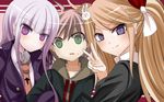  2girls bad_id bad_pixiv_id blue_eyes blush bow brown_hair danganronpa danganronpa_1 enoshima_junko freckles green_eyes hair_bow hair_ornament highres ikusaba_mukuro jontake kirigiri_kyouko multiple_girls naegi_makoto purple_eyes purple_hair v wallpaper 