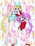  2girls absurdres animal_ears bishoujo_senshi_sailor_moon blonde_hair breasts bunny_ears bunny_girl bunnysuit chibi_usa child cleavage female highres large_breasts long_hair multiple_girls purple_hair shoes smile tsukino_usagi twintails v very_long_hair wink 