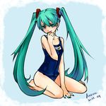  annolymous bad_id bad_pixiv_id dated eyeshadow finger_licking green_eyes green_hair hatsune_miku licking long_hair makeup nail_polish one-piece_swimsuit school_swimsuit sitting solo swimsuit twintails very_long_hair vocaloid wariza 