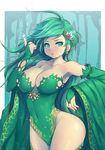  armpits bare_shoulders breasts bridal_gauntlets cleavage collarbone curvy detached_sleeves earrings final_fantasy final_fantasy_iv green green_eyes green_hair green_leotard jewelry large_breasts leotard long_hair magic mahito nail_polish pointing pointing_up rydia solo thighs wide_hips wide_sleeves 