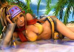  3d al_bhed_eyes bare_shoulders beach belt bikini_top blonde_hair blue_headband braid breasts cleavage day detached_sleeves final_fantasy final_fantasy_x final_fantasy_x-2 green_eyes headband hips large_breasts legs long_hair looking_at_viewer lying midriff miniskirt navel ocean on_side outdoors rikku scarf short_shorts shorts skirt smile solo thighs water 