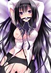  akemi_homura arms_up bad_id bad_pixiv_id ball_gag bdsm black_hair blush bondage bound breasts daive gag gagged hairband highres long_hair mahou_shoujo_madoka_magica medium_breasts navel nipples pantyhose purple_eyes pussy shirt solo tears torn_clothes torn_legwear torn_shirt uncensored 