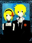  1girl aine_(haibane) bad_id bad_pixiv_id bare_shoulders blonde_hair brother_and_sister flower grin hair_flower hair_ornament hairband jacket kagamine_len kagamine_rin open_clothes open_jacket siblings smile teeth twins vocaloid yellow_eyes 