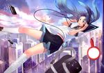  aqua_hair bad_id bad_pixiv_id bag cityscape digital_media_player falling green_eyes hand_mirror hatsune_miku headphones ichiko_oharu kneehighs long_hair mirror sailor_collar_lift school_uniform serafuku skirt sky solo vocaloid 