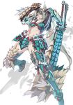  aoin aqua_eyes armor huge_weapon monster_hunter monster_hunter_portable_3rd silver_hair simple_background solo switch_axe weapon white_hair zinogre_(armor) 