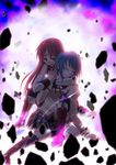  blue_eyes cuts highres hug hug_from_behind injury long_hair magical_girl mahou_shoujo_madoka_magica miki_sayaka multiple_girls red_eyes red_hair sakura_kyouko school_uniform short_hair thighhighs zenimaru 