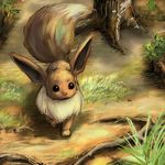  all_fours black_eyes brown chest_tuft ears eevee forest ki outside pok&eacute;mon realistic solo tail tree unknown_artist 