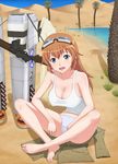  barefoot blue_eyes breasts charlotte_e_yeager cleavage feet gebo goggles goggles_on_head gun indian_style large_breasts long_hair m1918_bar machine_gun open_mouth orange_hair panties sand sitting smile solo strike_witches striker_unit tank_top underwear weapon world_witches_series 
