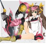  bare_shoulders boots brown_hair fang gauntlet gauntlets huang_lingyin infinite_stratos long_hair mecha_musume open_mouth sitting solo twintails uniform weapon 