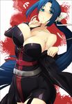  belt blue_eyes blue_hair blush bouncing_breasts bow breasts cleavage cosplay dougan_calpis_con hair_bow hanachirasu huge_breasts itsurin large_bow long_hair md5_mismatch minato_subaru nitroplus slender_waist solo soukou_akki_muramasa sweat unaligned_breasts 