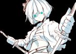  aqua_eyes belt dual_wielding holding katana konpaku_youmu monochrome navel open_clothes open_shirt sarashi scabbard sheath shirt short_hair solo spot_color sword touhou tsuchifumazu unsheathing upper_body weapon white_hair 