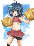  1boy artist_request bike_shorts blue_eyes blue_hair cardfight!!_vanguard cheerleader jumping male male_focus navel open_mouth pom_poms sendou_aichi shorts skirt sky smile solo trap twintails 