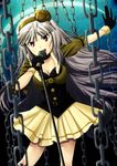  bad_id bad_pixiv_id beyond_the_nobles breasts chain choker cleavage double_bogey gloves grey_hair hairband highres idolmaster idolmaster_(classic) large_breasts long_hair microphone microphone_stand pleated_skirt red_eyes shijou_takane skirt solo 