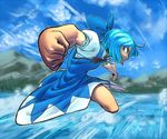  bad_id bad_pixiv_id blue_eyes blue_hair bow cirno clenched_hands dress foreshortening hands motion_blur punching solo space_jin touhou water 