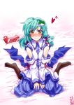  absurdres black_legwear blush detached_sleeves face frog green_hair hair_ornament highres kochiya_sanae looking_at_viewer pantyhose solo takana_shinno tissue tissue_box touhou yellow_eyes 