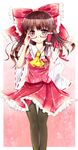  bespectacled bow brown_hair detached_sleeves glasses grey_eyes hair_bow hakurei_reimu hand_on_own_face harukaruha highres pantyhose red_skirt skirt smile solo touhou 