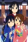  &gt;:) :d absurdres akiyama_mio animage black_eyes black_hair brown_eyes brown_hair flower furisode hair_flower hair_ornament highres hirasawa_yui horiguchi_yukiko japanese_clothes k-on! kimono long_hair multiple_girls nakano_azusa new_year non-web_source official_art one_eye_closed open_mouth round_teeth scan short_hair smile takeda_akiyo teeth tsuda_sachie twintails v v-shaped_eyebrows very_long_hair watanabe_mikiko yamamoto_rin 