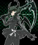  aqua_eyes bad_id bad_pixiv_id black_legwear black_rock_shooter bow character_name checkered checkered_background dead_master dress gloves green_hair holding holding_scythe horns pantyhose ribbon saga_taichi scythe short_hair sidelocks smile solo 