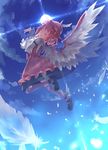  animal_ears closed_eyes cloud feathers flying fred04142 hand_on_own_chest hat lens_flare mary_janes music mystia_lorelei outstretched_arm pink_hair shoes short_hair singing sky solo sun touhou wings 
