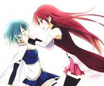  black_legwear blue_hair cape closed_eyes cuts hagihara_riku injury long_hair magical_girl mahou_shoujo_madoka_magica miki_sayaka multiple_girls red_eyes red_hair sakura_kyouko skirt thighhighs zettai_ryouiki 