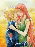  blonde_hair blush hair_ornament hairclip hug laughing long_hair namikaze_minato naruto naruto_shippuuden platinum-number31 red_hair uzumaki_kushina 