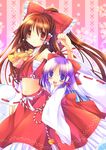  anna_(small_night) bell bow brown_eyes brown_hair detached_sleeves dual_persona hair_bow hair_ribbon hair_tubes hakurei_reimu hakurei_reimu_(pc-98) long_hair midriff multiple_girls navel ponytail purple_eyes purple_hair ribbon sarashi skirt time_paradox touhou touhou_(pc-98) 