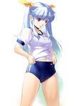  adjusting_buruma adjusting_clothes blue_hair buruma gym_uniform hair_ribbon midriff navel open_mouth original pink_eyes ribbon solo tena_mcfaul twintails uchiu_kazuma 