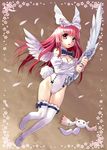  :3 animal_ears bare_shoulders bug bunny_ears bunny_girl bunny_tail bunnysuit butterfly commentary_request crossover deathsmiles detached_sleeves feathers full_body hair_ribbon insect katahira_masashi kyubey long_hair mahou_shoujo_madoka_magica pink_eyes pink_hair red_eyes red_hair ribbon sword tail thighhighs weapon white_legwear windia_(deathsmiles) wings 