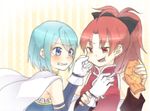  blue_eyes blue_hair bow cape cheek_pinching food gloves hair_bow magical_girl mahou_shoujo_madoka_magica miki_sayaka misocha multiple_girls pinching ponytail red_eyes red_hair sakura_kyouko taiyaki tears wagashi 