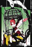  absurdres alternate_costume animal_ears black_legwear blush bow cage chain dress elbow_gloves gloves hat highres ideolo mystia_lorelei no_nose plant red_eyes red_hair scan short_hair sitting solo thighhighs touhou vines wings zettai_ryouiki 