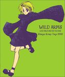  2002 black_eyes blonde_hair copyright_name dress flower_guardian full_body green_background long_sleeves running shoes short_hair simple_background skirt smile solo verden wild_arms wild_arms_flower_thieves 