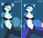  before_and_after blue_eyes blue_hair bodysuit bra canine female form_fitting fox hair krystal mark_thompson open_clothes panties pubic_tuft skinsuit solo star_fox star_fox_assault tailsrulz underwear undressing unzipped video_games wink 