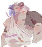  0hb00 abs behemoth_(housamo) blush clothing disembodied_hand embarrassed hoodie horn male monster muscular muscular_male nipples pecs tokyo_afterschool_summoners video_games 