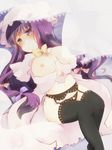  black_legwear black_panties bow breast_hold breasts capelet crescent garter_belt hair_bow hat large_breasts lingerie long_hair nipples open_clothes panties patchouli_knowledge plump purple_eyes purple_hair sen1986 solo thighhighs touhou underwear 