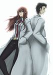  1girl belt black_hair black_legwear brown_eyes brown_hair deni_m labcoat legwear_under_shorts long_hair makise_kurisu necktie okabe_rintarou pantyhose short_hair shorts steins;gate 