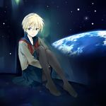  bad_id bad_pixiv_id black_legwear blonde_hair blue_eyes earth feet glasses gundam gundam_wing gundam_wing_frozen_teardrop katherine_oud_winner leg_hold leg_hug legs pantyhose planet school_uniform short_hair sitting skirt solo space star utako 