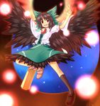  arm_cannon asymmetrical_clothes bow brown_hair green_bow hair_bow highres long_hair md5_mismatch mismatched_footwear red_eyes reiuji_utsuho saemon_(tonpura) solo third_eye touhou weapon wings 